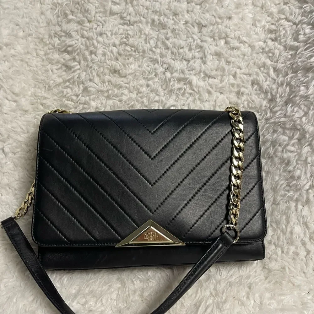 Karl Lagerfeld Purse Womens Black Quilted Shoulder Bag Gold tone Chain Strap